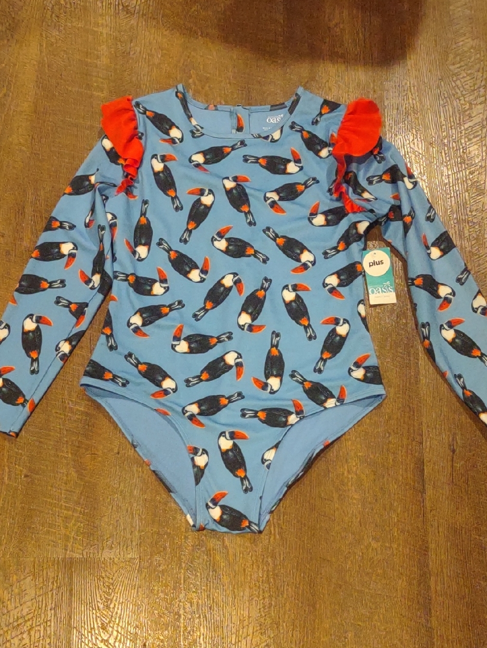 NWT Oasis Wmns Lg Blue Toucan Print Long Sleeve Bodysuit W/Red Ruffle Shoulders